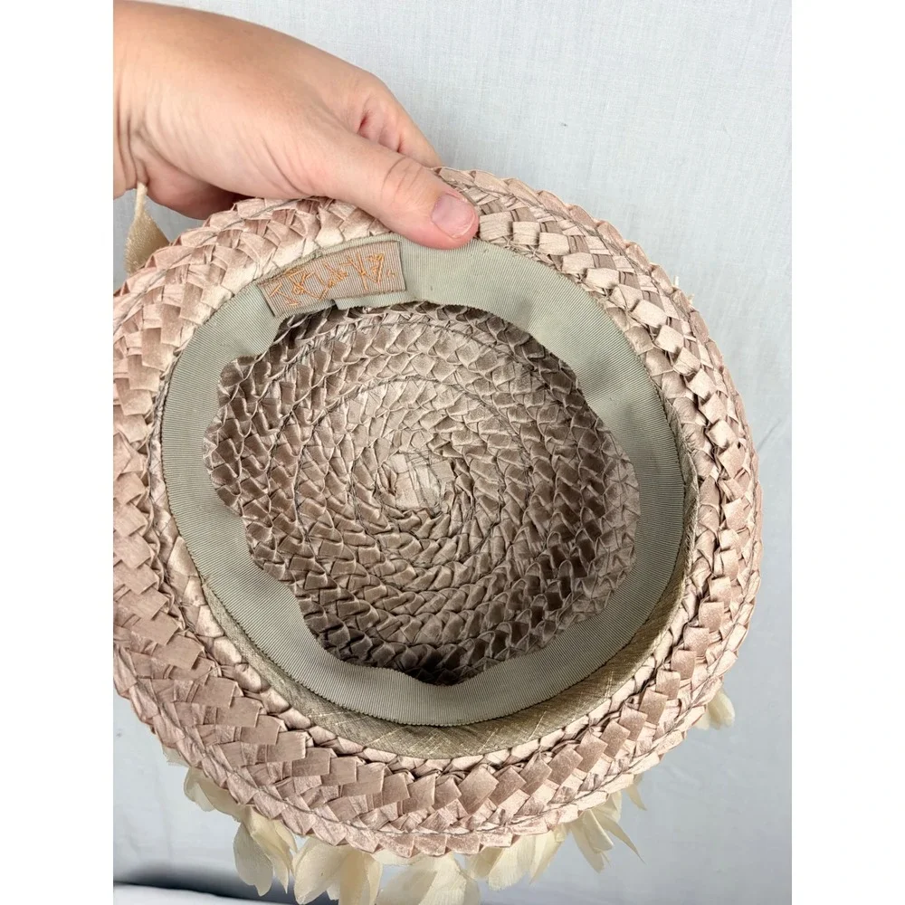 Jo Bailey Vintage Straw Pillbox Hat Velvet Bow Floral Tassels Tan Women